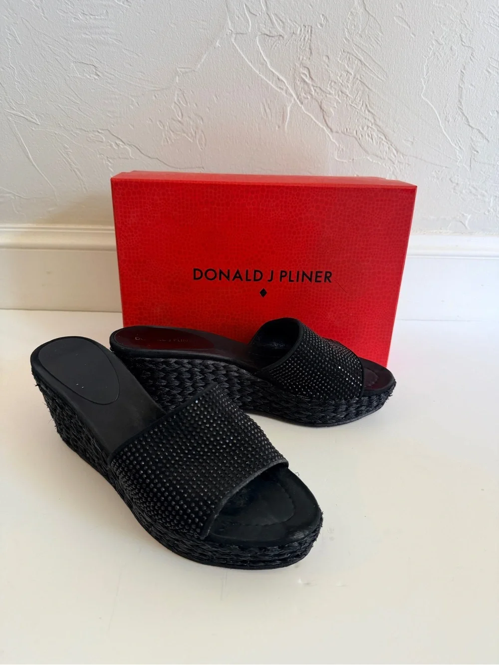 Donald Pliner Frida Black Woven Raffia Wedge Slide with Rhinestone detail. 9M